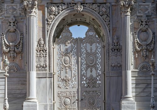 Entrance gate white vintage door of Dolmabahce Palace, Istanbul, Turkey.